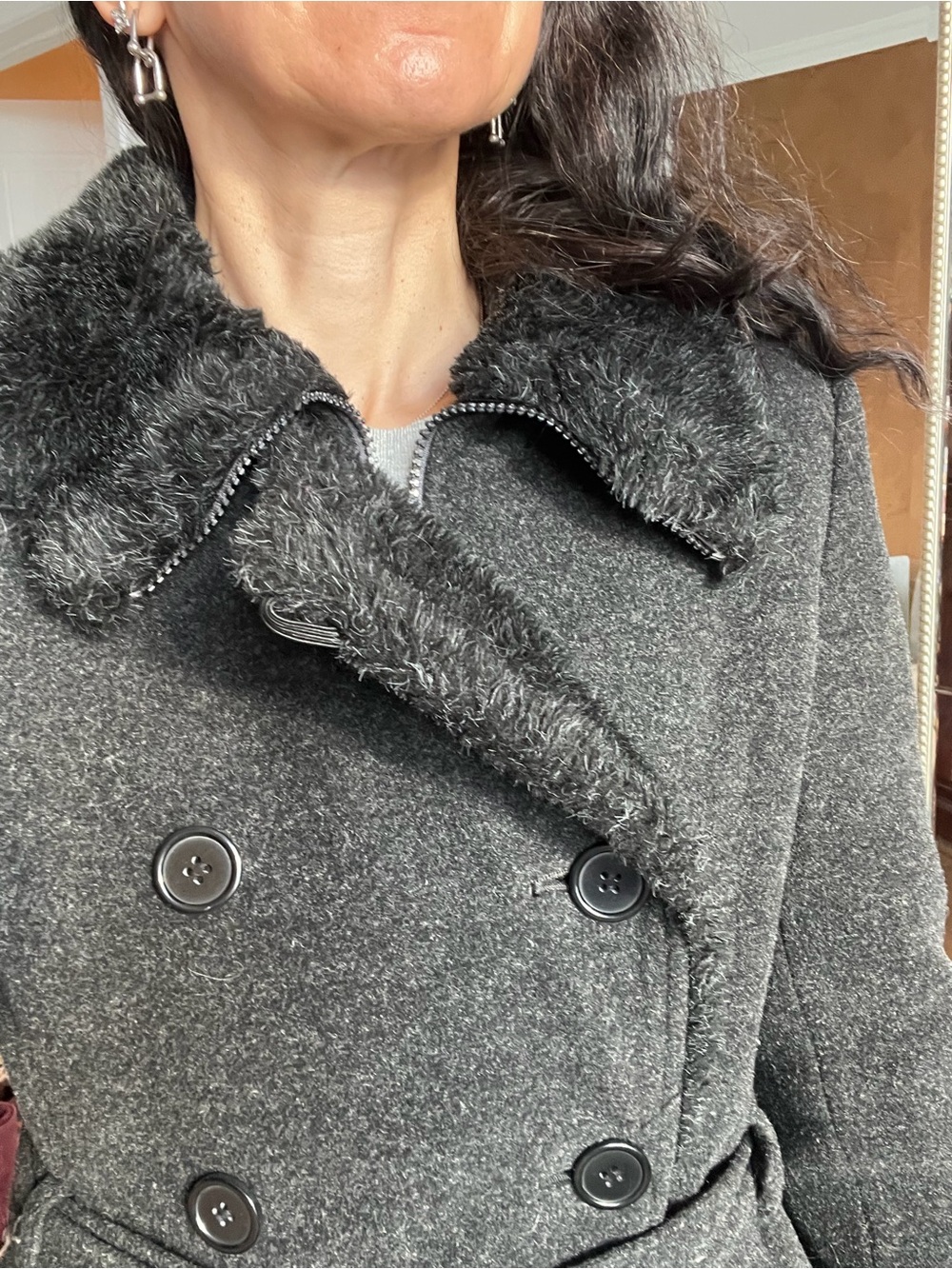 Double-Breasted Belted Wool Cashmere Blend Coat with Faux Fur Collar - Charcoal